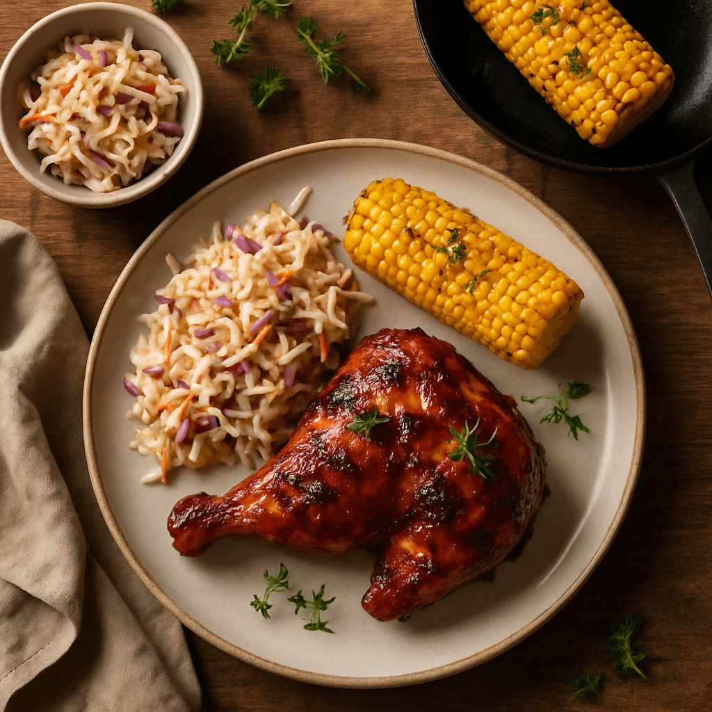 Grillet BBQ-kylling med coleslaw og majs på panden