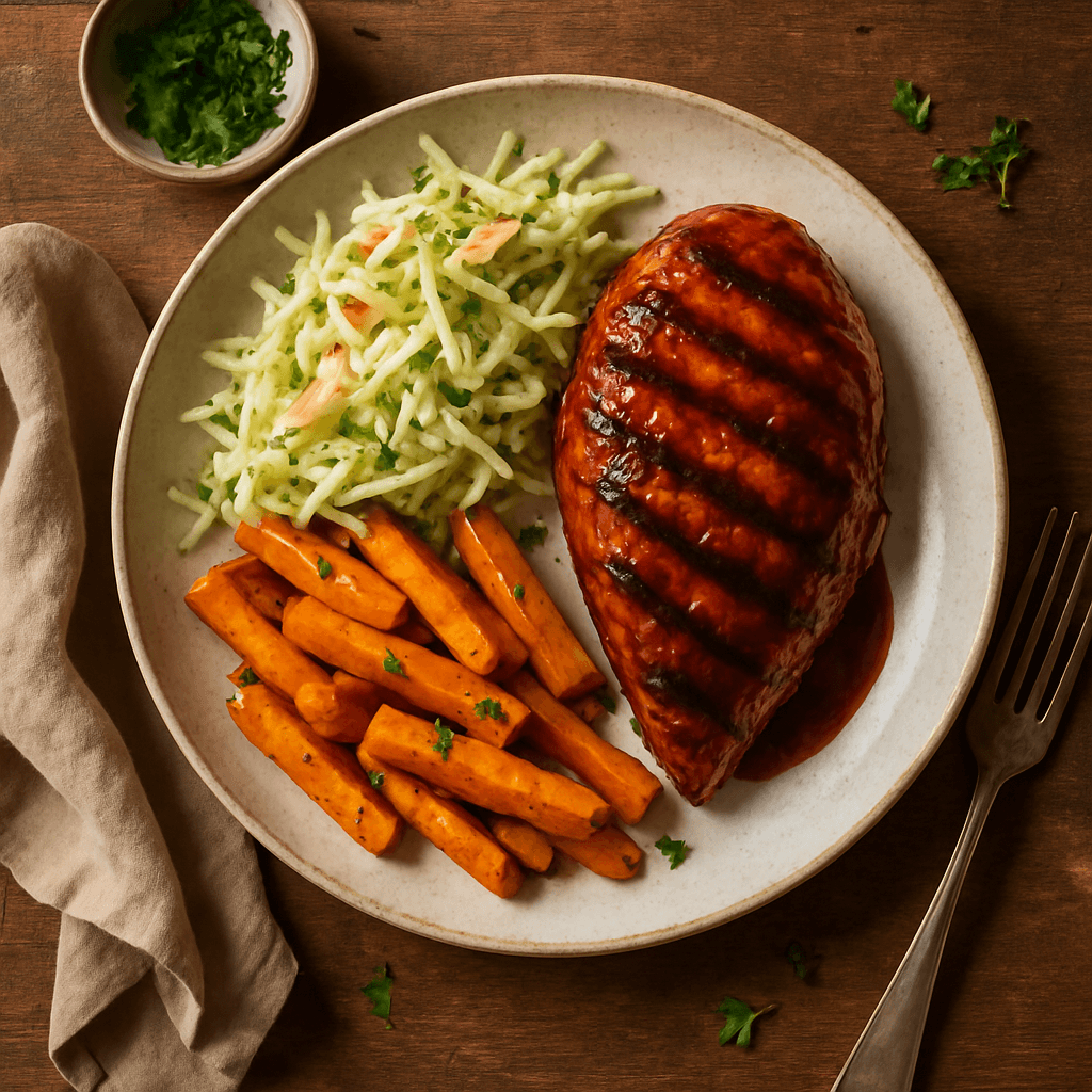 Grillet BBQ kyllingebryst med æble- og kålcoleslaw samt bagte rodfrugter