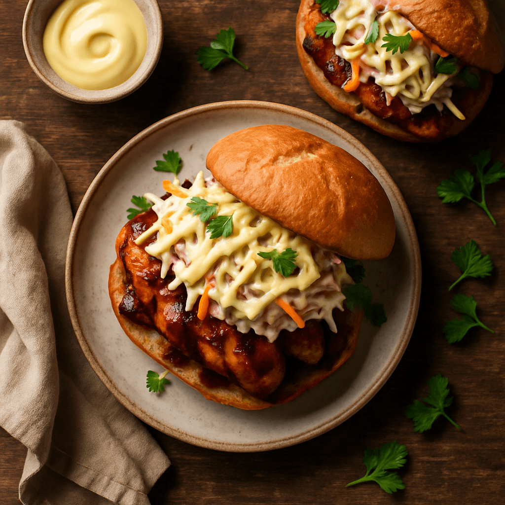 Grillet BBQ kyllingesandwich med coleslaw og hjemmelavet aioli