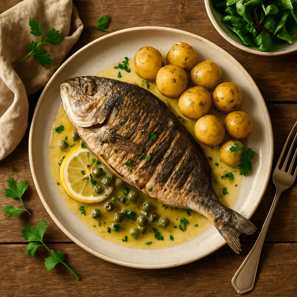 Grillet dorade med citron-kapers sovs og nye kartofler