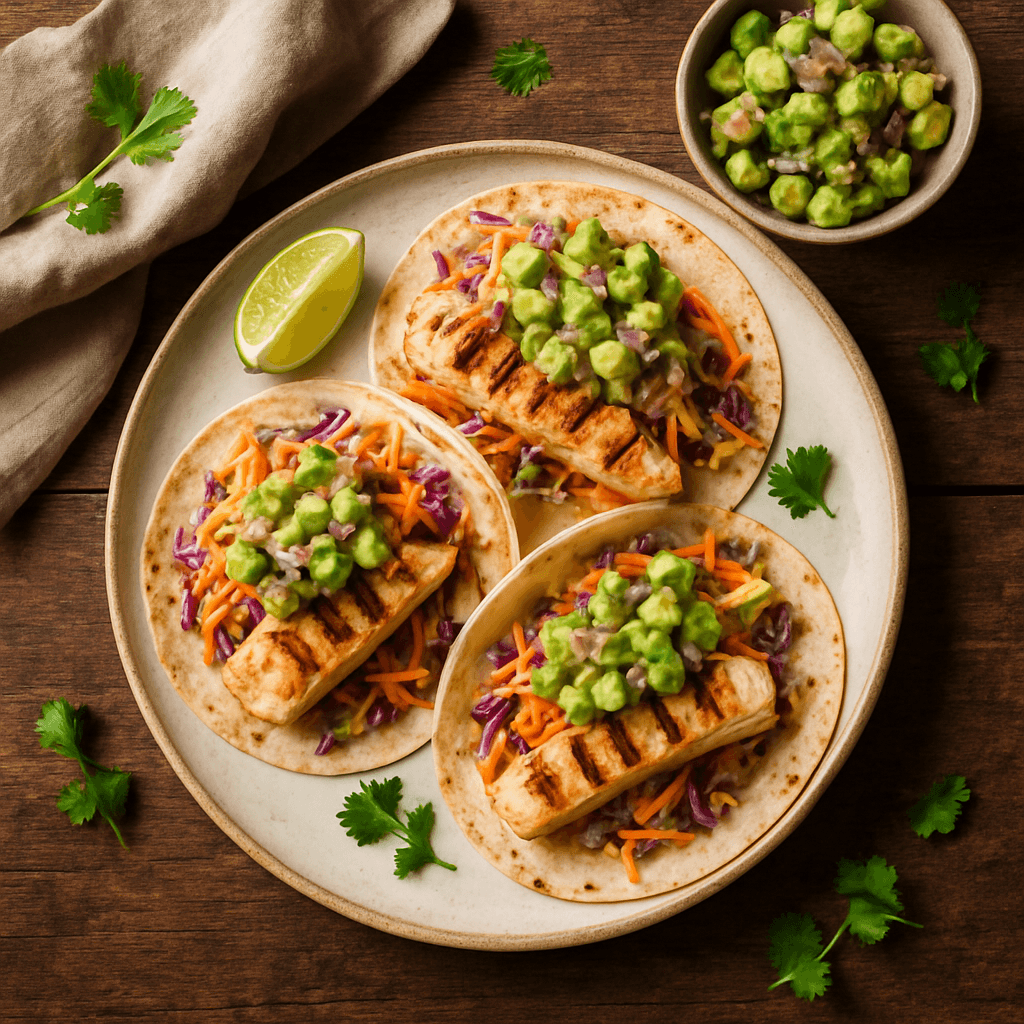 Grillet fisketacos med avocado-lime salsa og mexicansk coleslaw