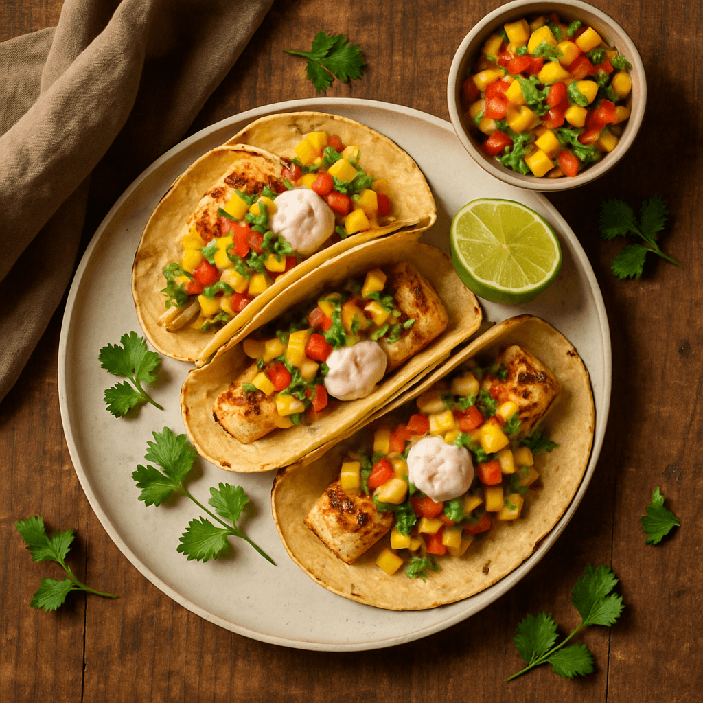 Grillet fisketacos med mango-salsa og krydret creme fraiche