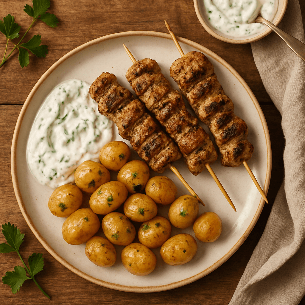 Grillet græsk souvlaki med tzatziki og friske kartofler