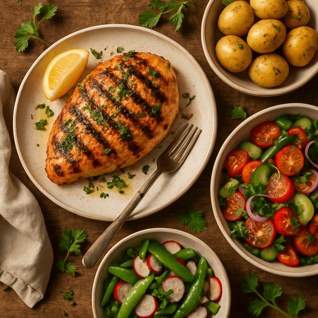 Grillet kylling med citronmarinade og friske sommersalater