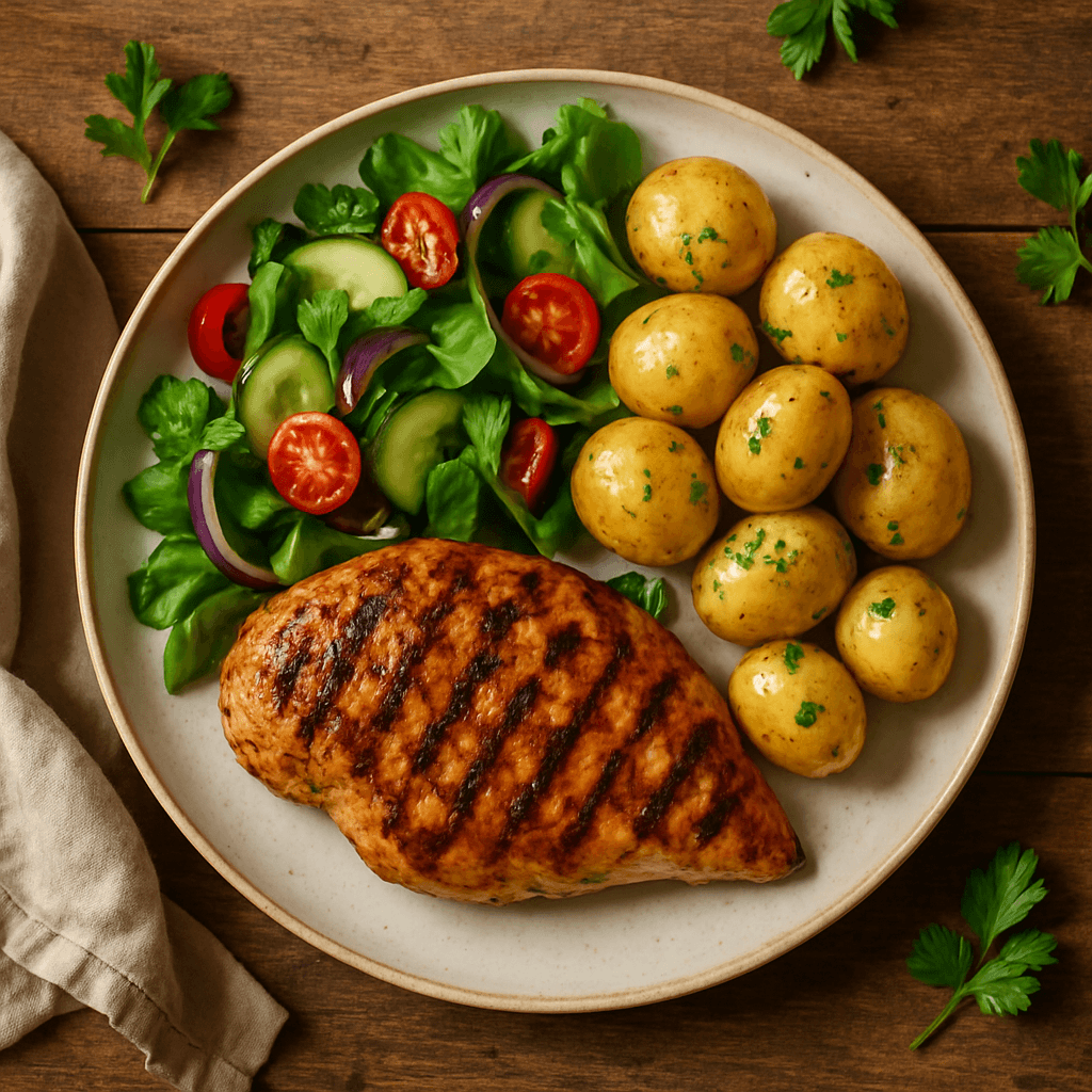 Grillet kylling med friske nye kartofler og sommerens grønne salat