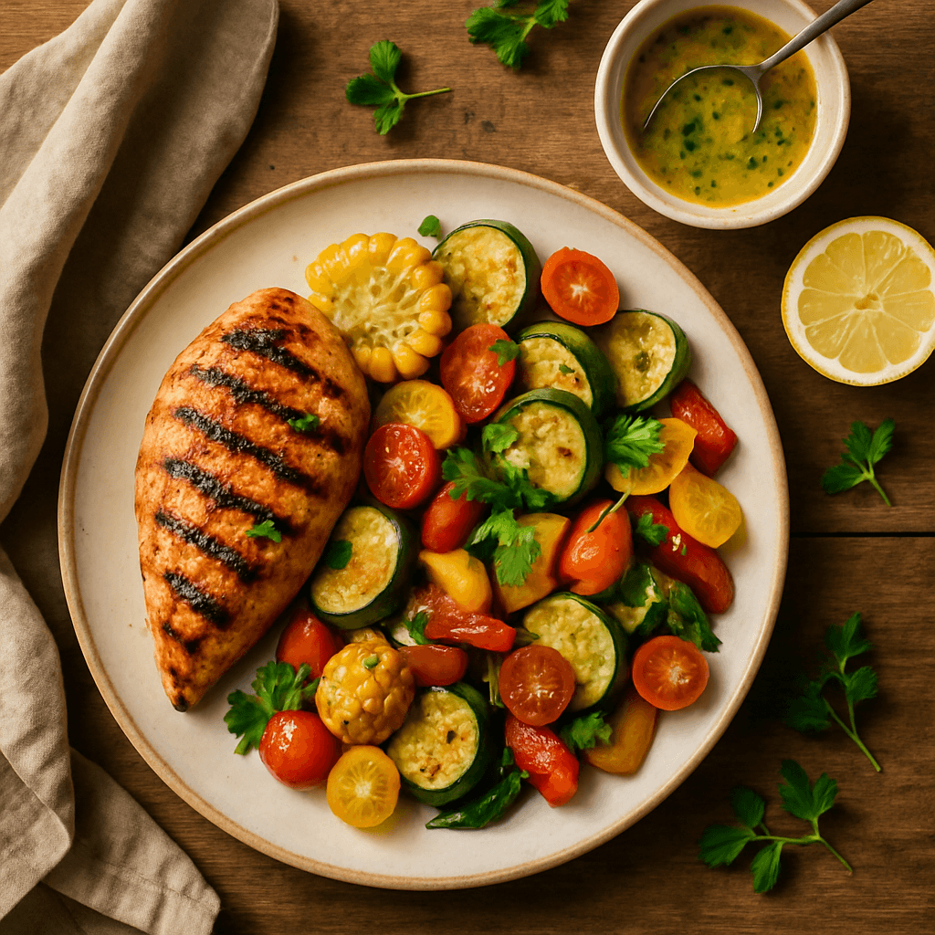 Grillet kylling med sommergrøntsager og frisk citronvinaigrette