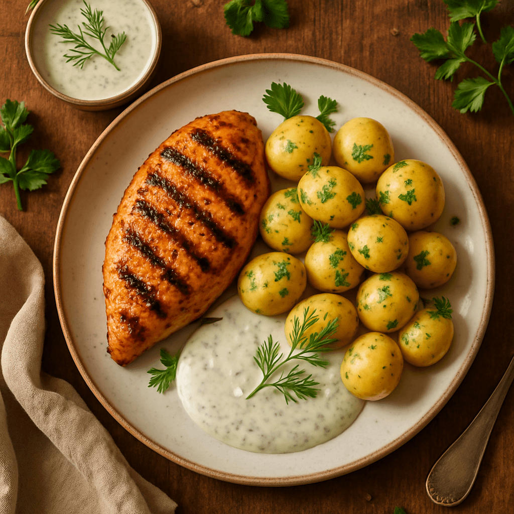 Grillet kylling med sommerkartofler og cremet dilddressing
