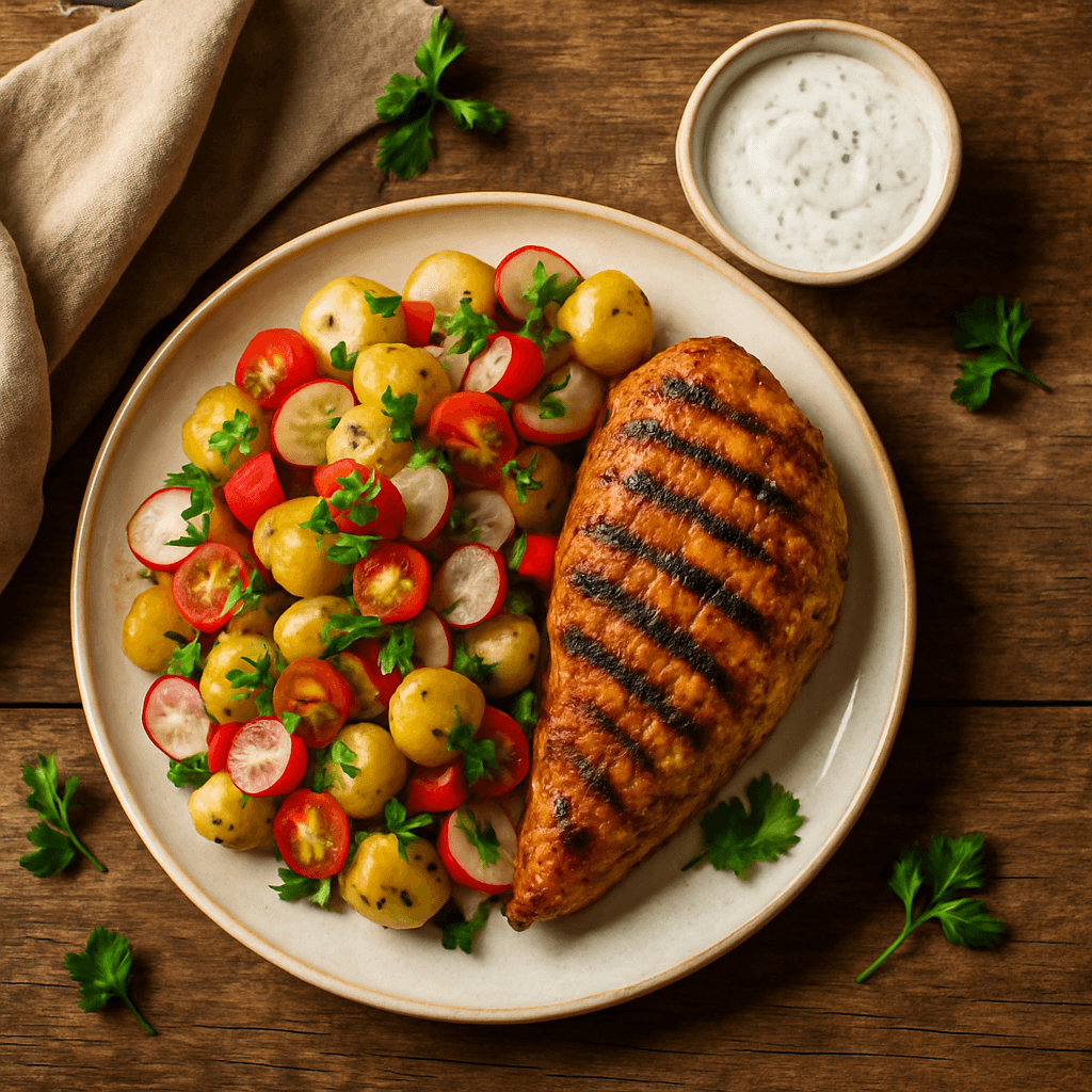 Grillet kylling med sommerligt kartoffelsalat og frisk dressing