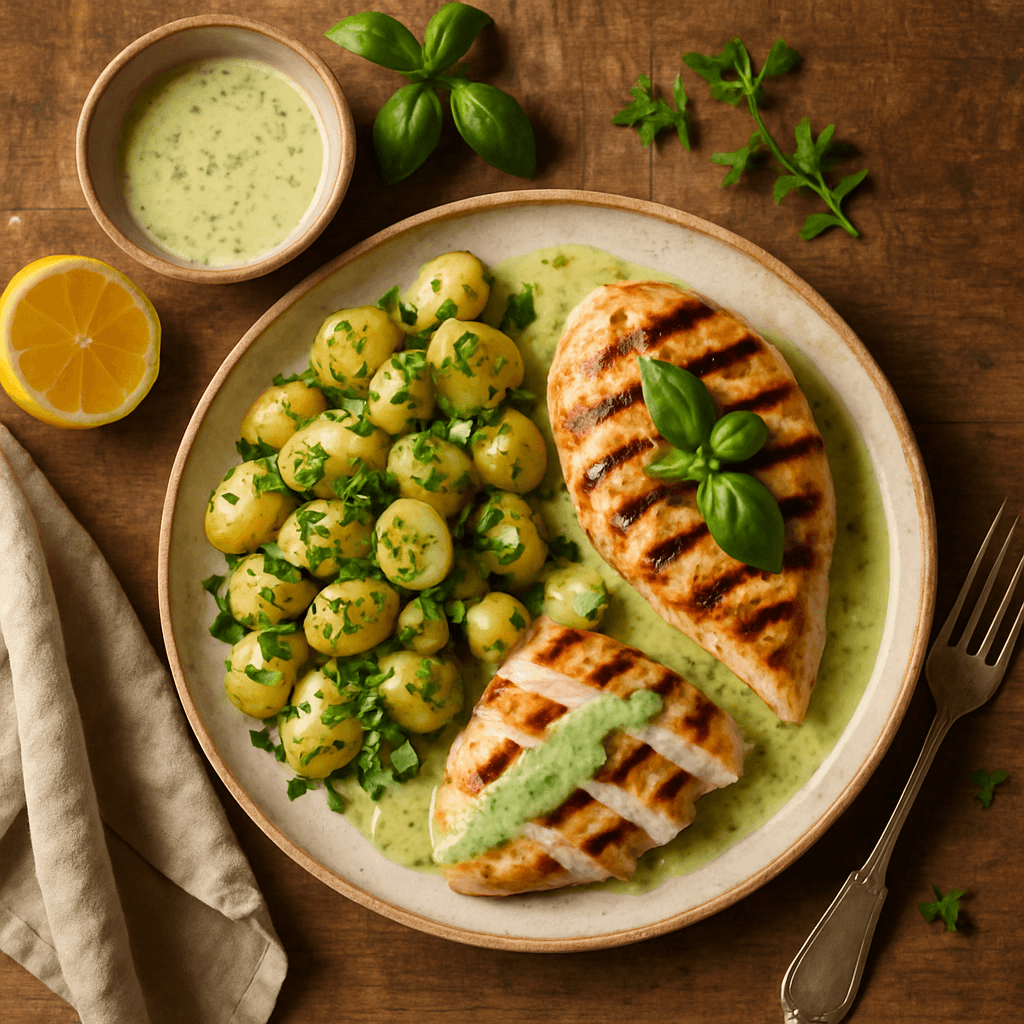 Grillet kyllingebryst med citron- og basilikumdressing og ny kartoffelsalat