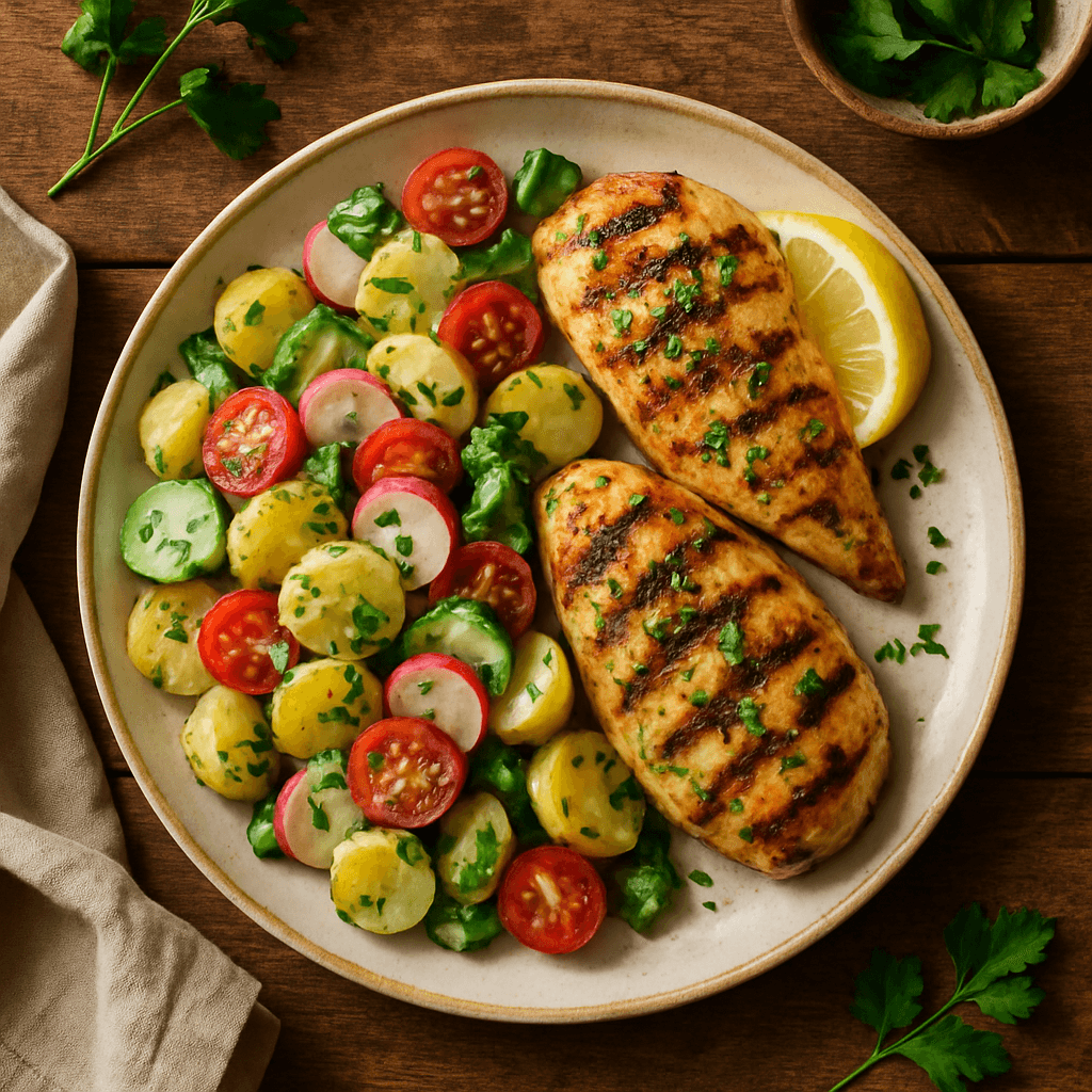 Grillet kyllingebryst med citronmarinade og sommerkartoffelsalat