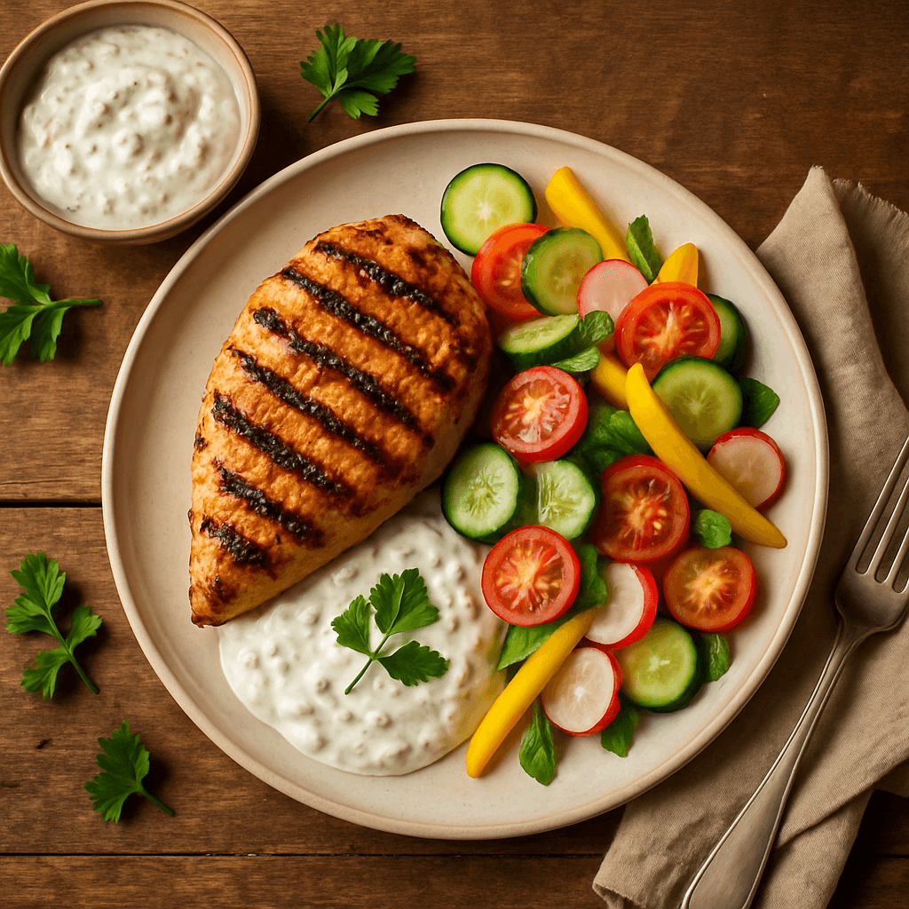 Grillet kyllingebryst med tzatziki og friske sommergrøntsager