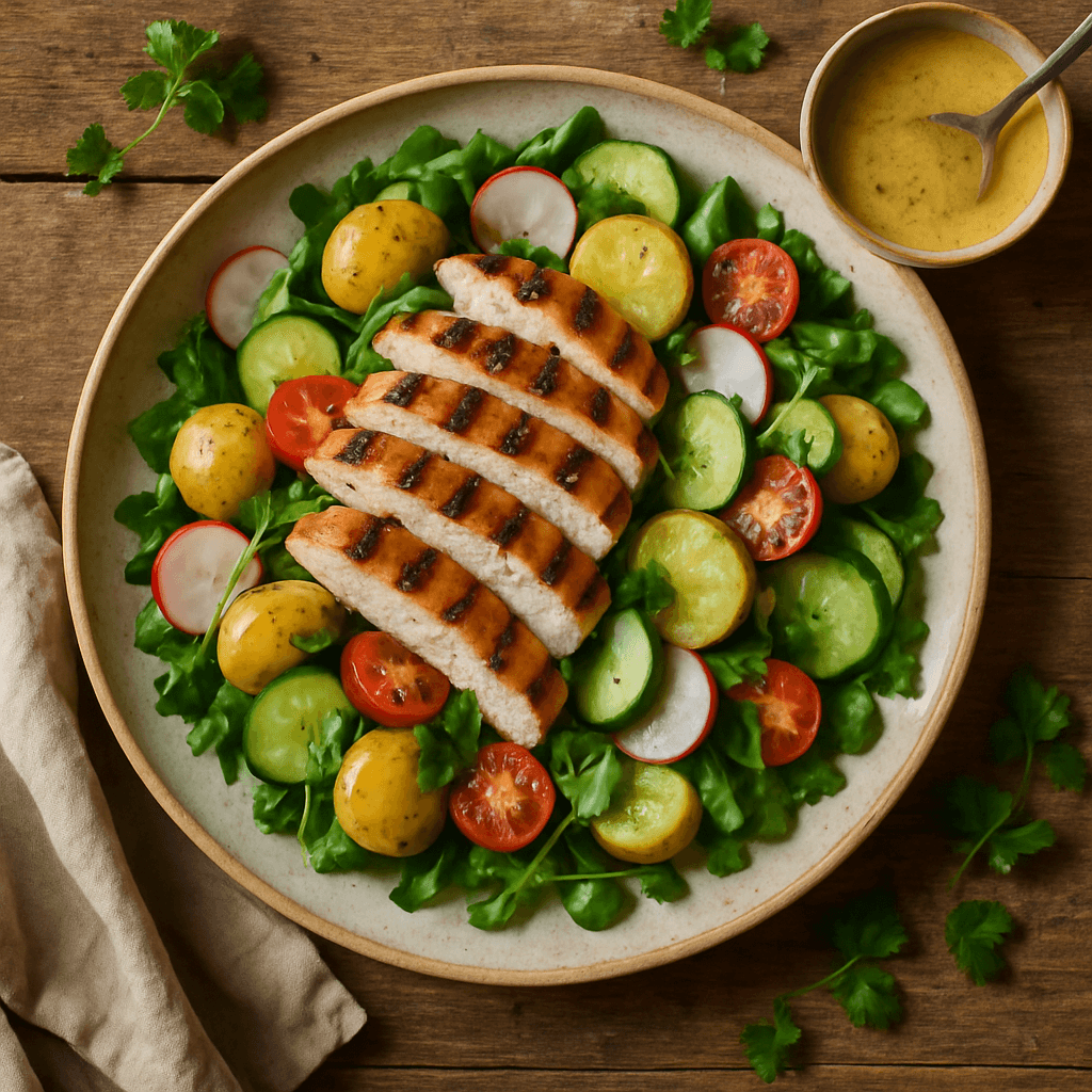 Grillet kyllingesalat med nye kartofler og sennepsdressing
