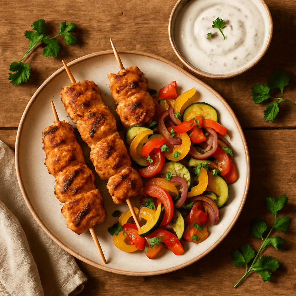 Grillet kyllingespyd med marinerede grøntsager og cremet yoghurtdressing
