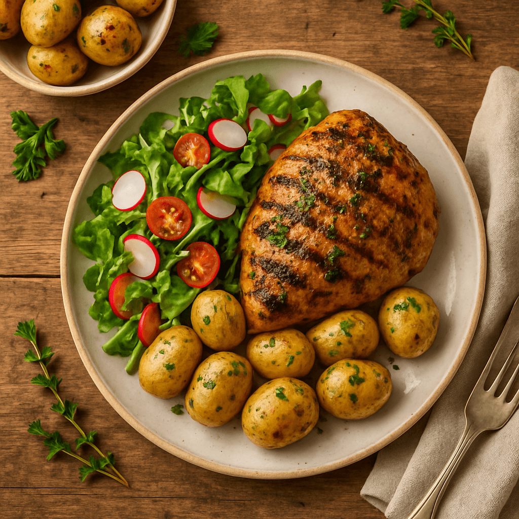Grillet kyllingesteg med nye kartofler og frisk grøn salat