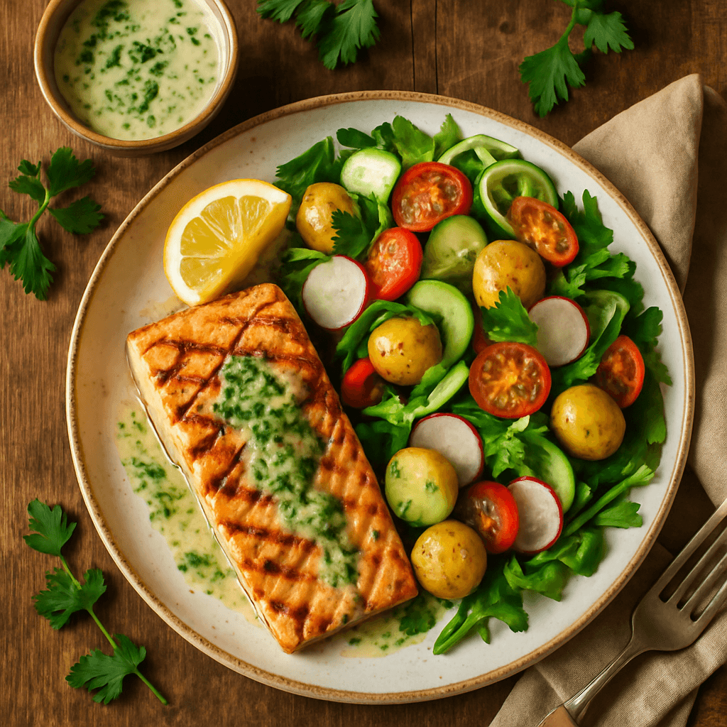 Grillet laks med citron-urtedressing og sommersalat med nye kartofler