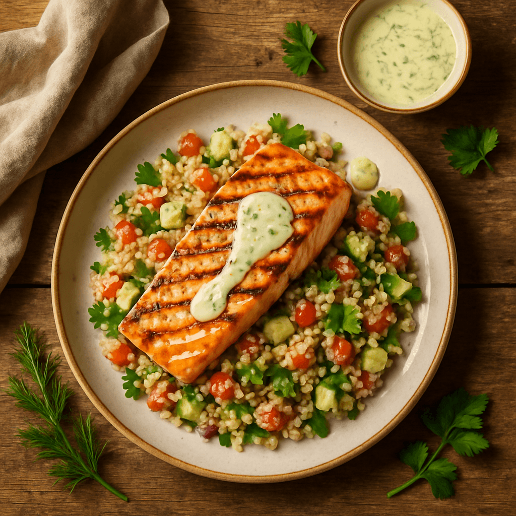 Grillet laks med sommer-frisk quinoa salat og citron-dild dressing