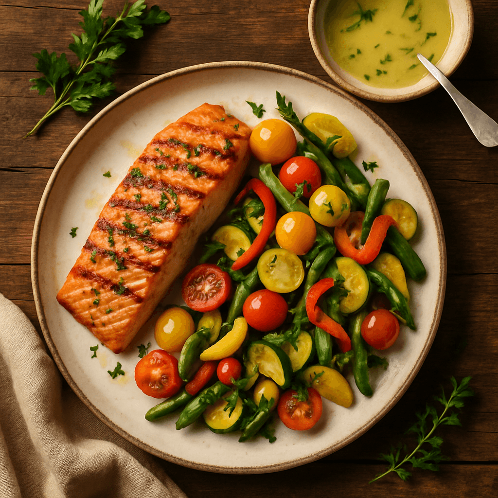 Grillet laks med sommergrøntsager og citrondressing