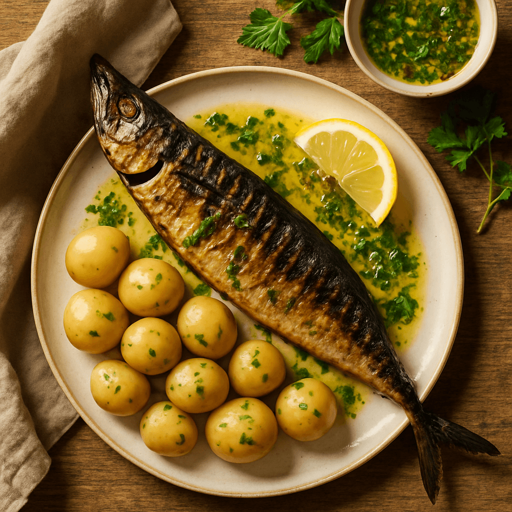 Grillet makrel med citron- og persillevinaigrette og nye kartofler