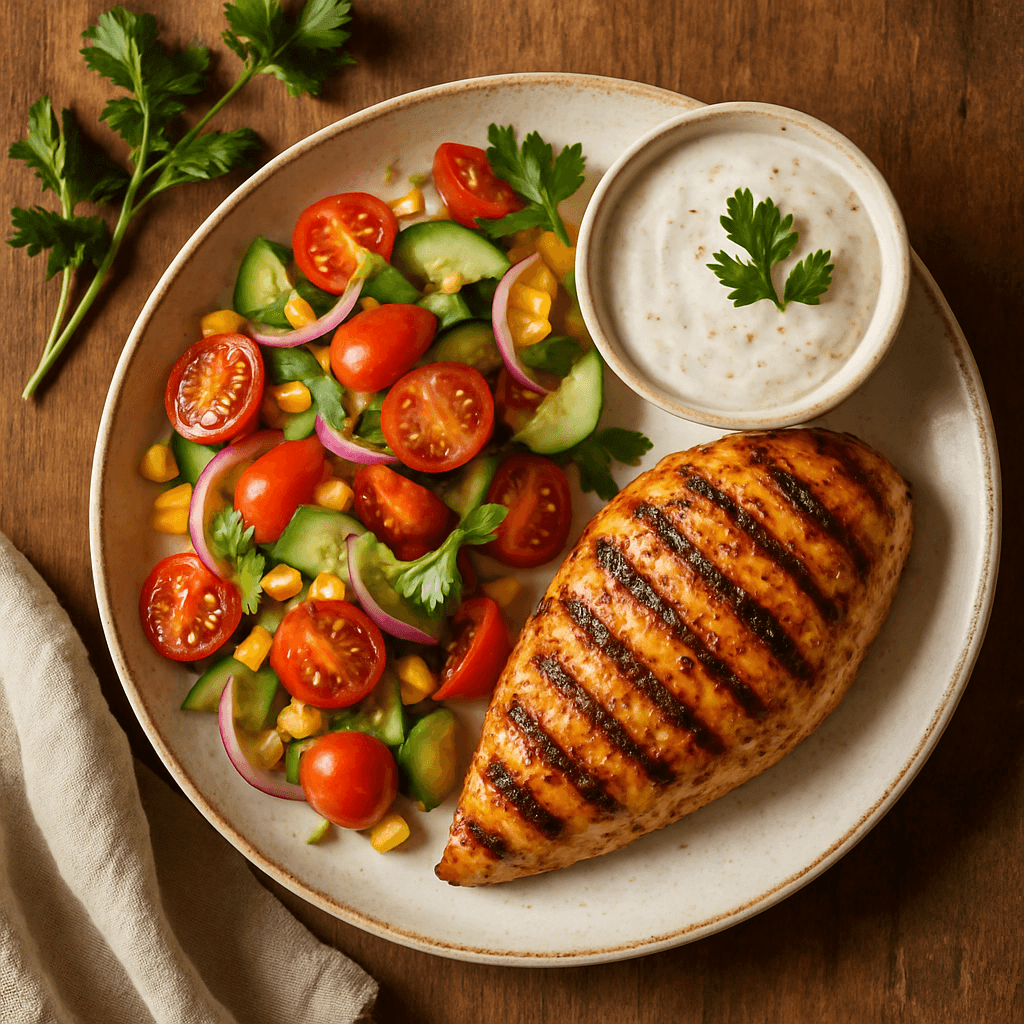 Grillet marineret kyllingebryst med sommersalat og krydret yoghurtdressing