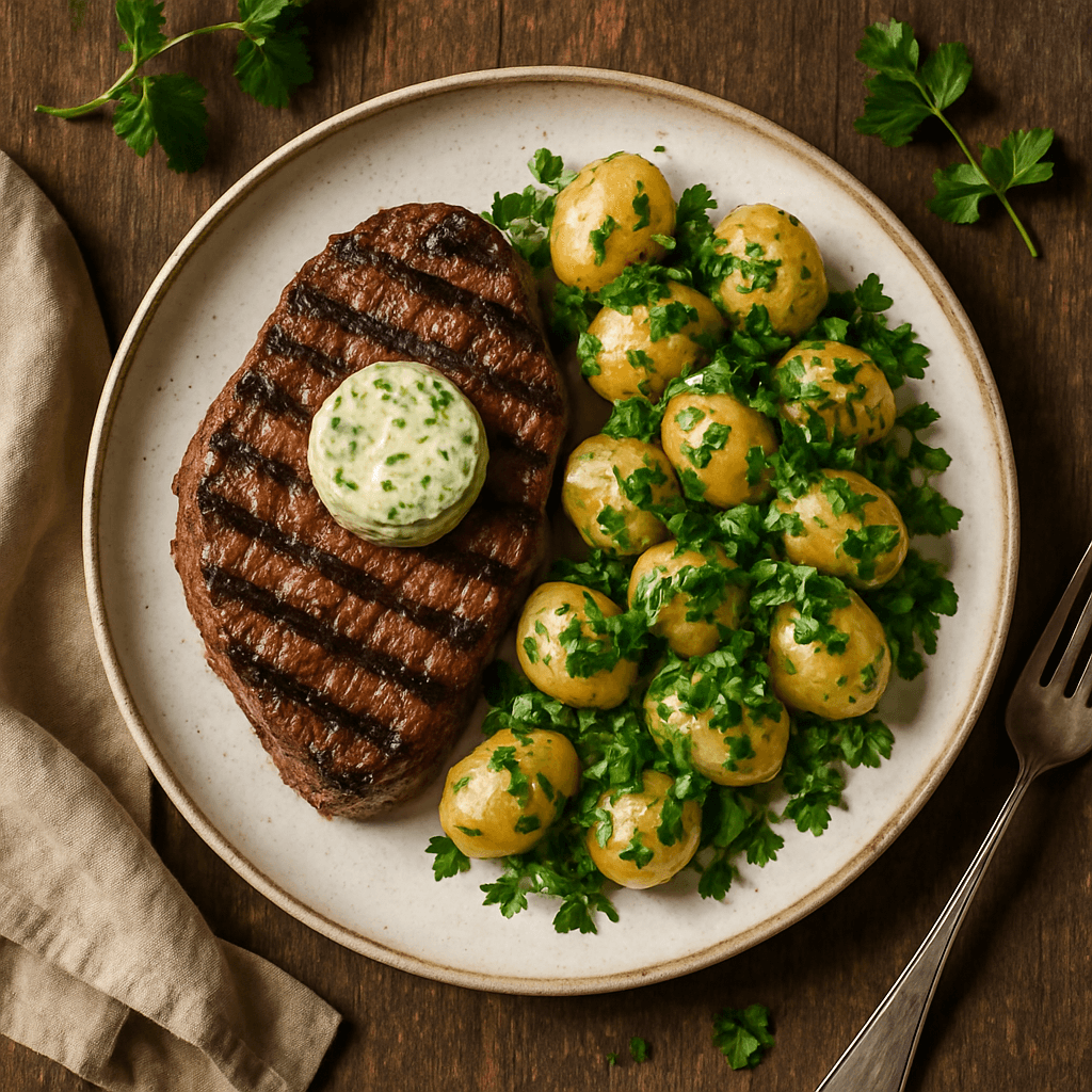 Grillet oksefilet med urtesmør og nye kartofler i persillesalat