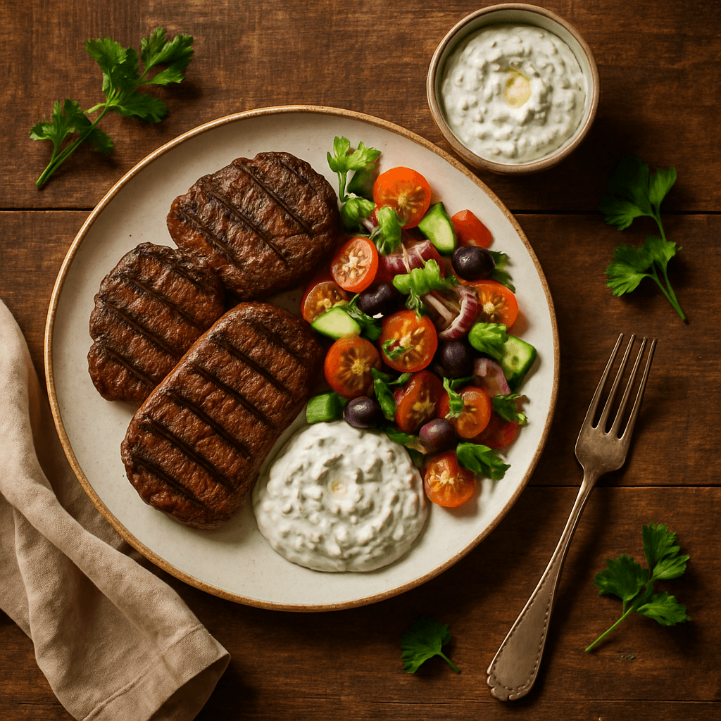 Grillet oksekød med middelhavssalat og tzatziki