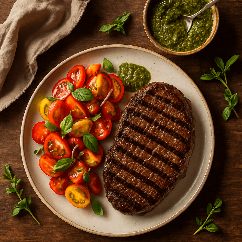 Grillet oksekødsbøf med tomatsalat og pesto