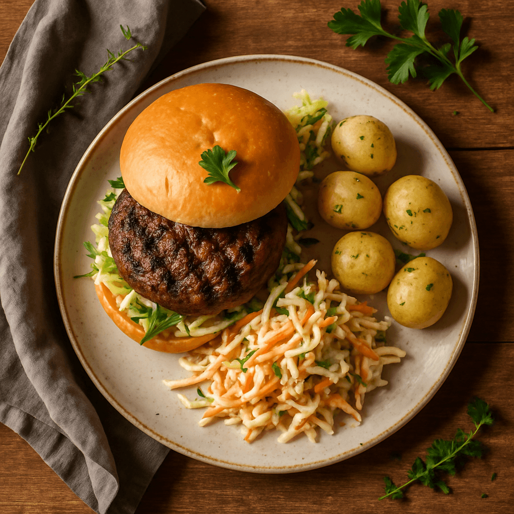 Grillet oksekødsburger med hjemmelavet coleslaw og nye kartofler