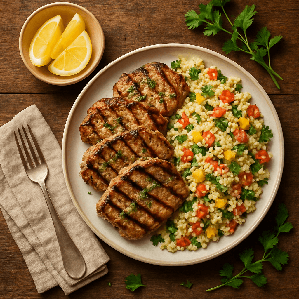 Grillet svinekød med citronmarinade og sommerlig couscoussalat