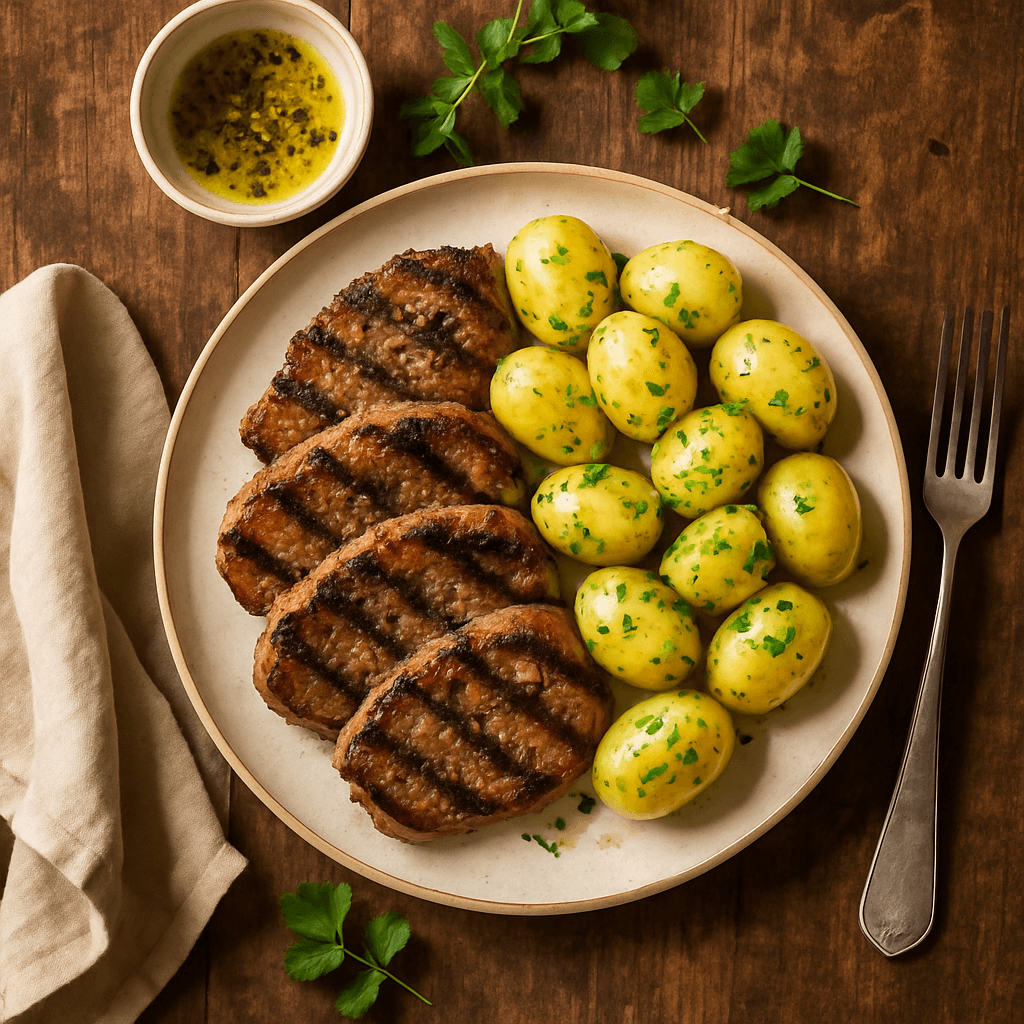 Grillet svinekød med græske krydderurter og friske kartofler i citron-olivenoliedressing