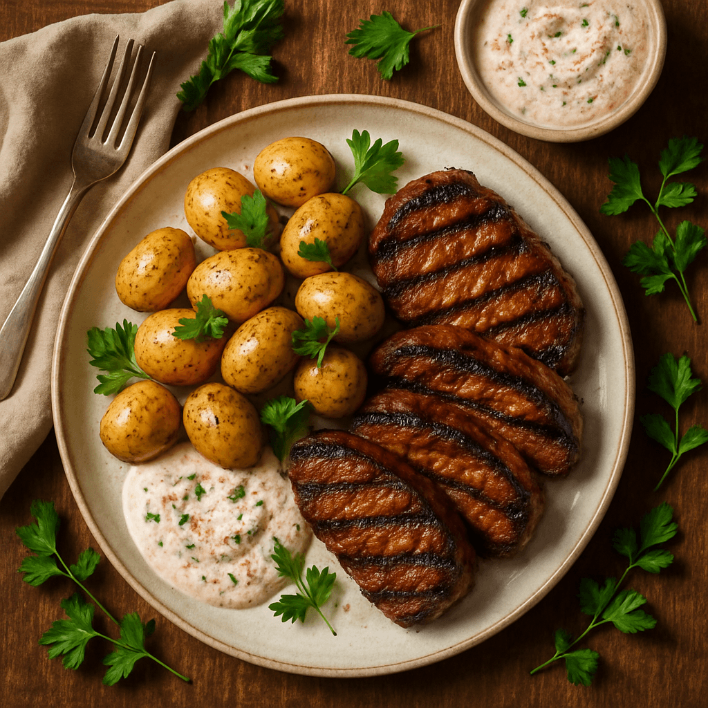 Grillet svinekød med nye kartofler og krydret yoghurtdressing