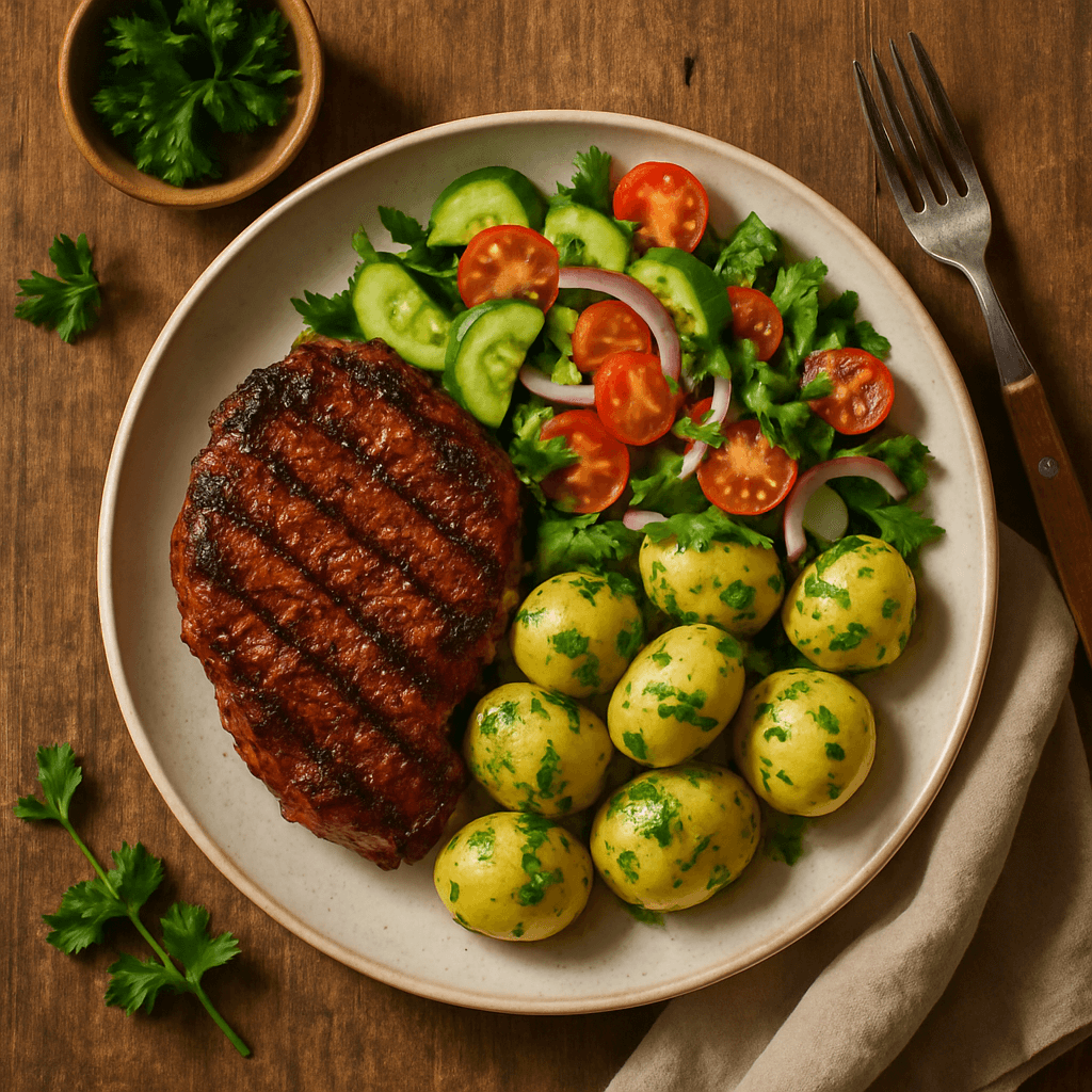 Grillet svinekød med sommersalat og kartofler i persille
