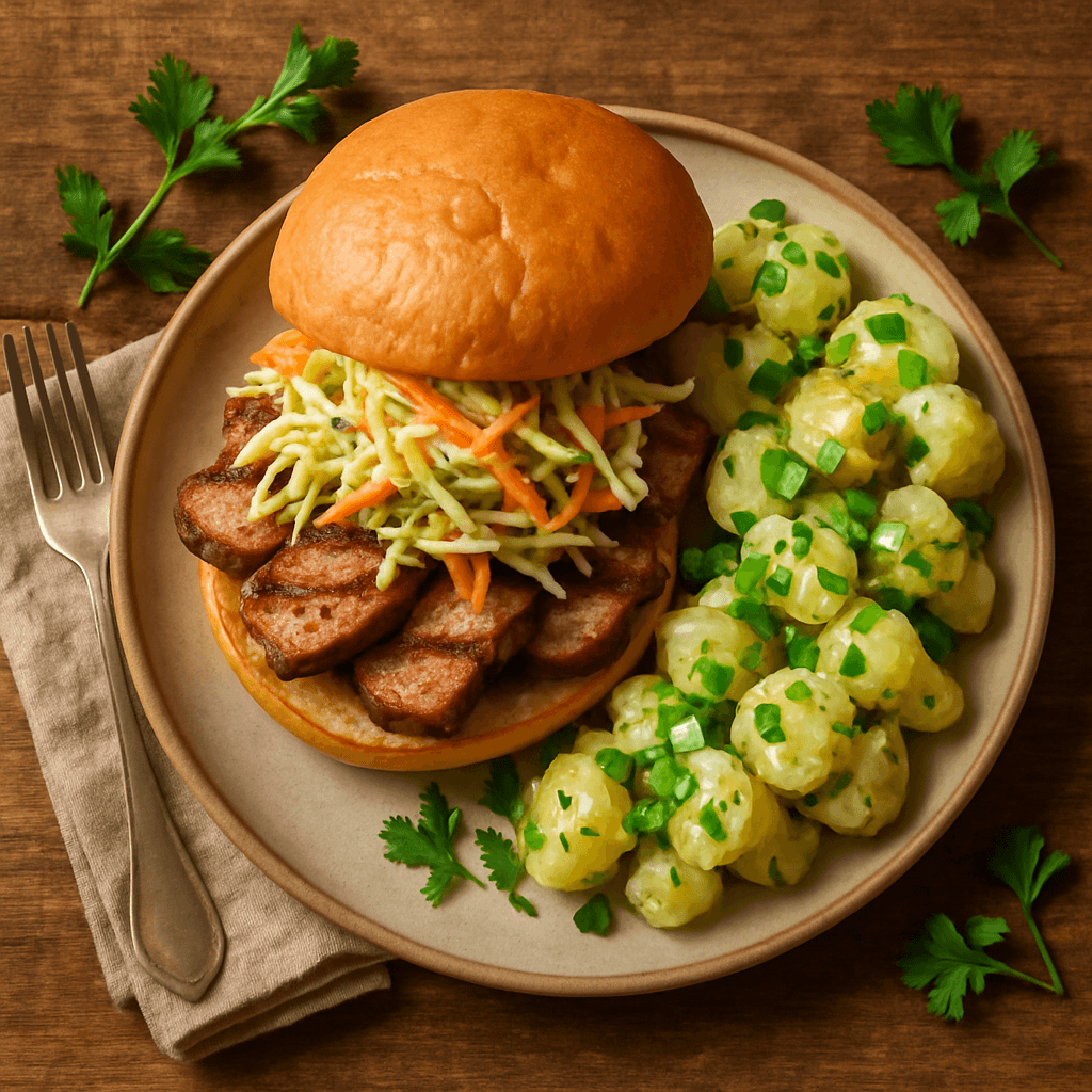 Grillet svinekødssandwich med coleslaw og kartoffelsalat