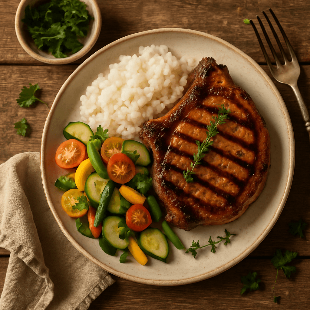 Grillet svinekotelet med japonica-ris og sommergrøntsagssalat