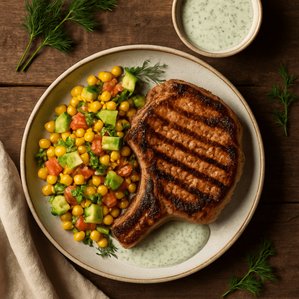 Grillet svinekotelet med majs- og avocado-salat samt dilddressing
