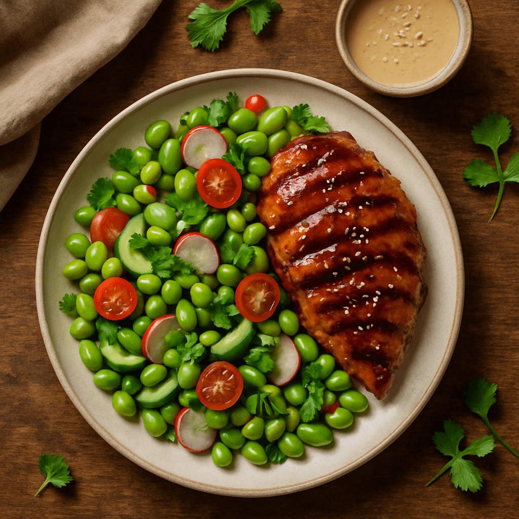 Grillet teriyaki-kylling med edamame-salat og sesamdressing