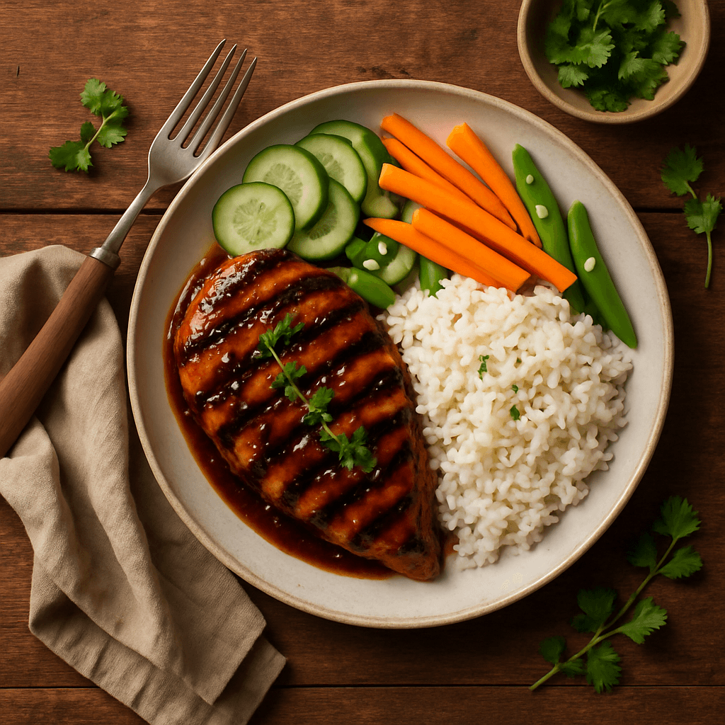 Grillet teriyaki-kylling med friske grøntsager og jasminris