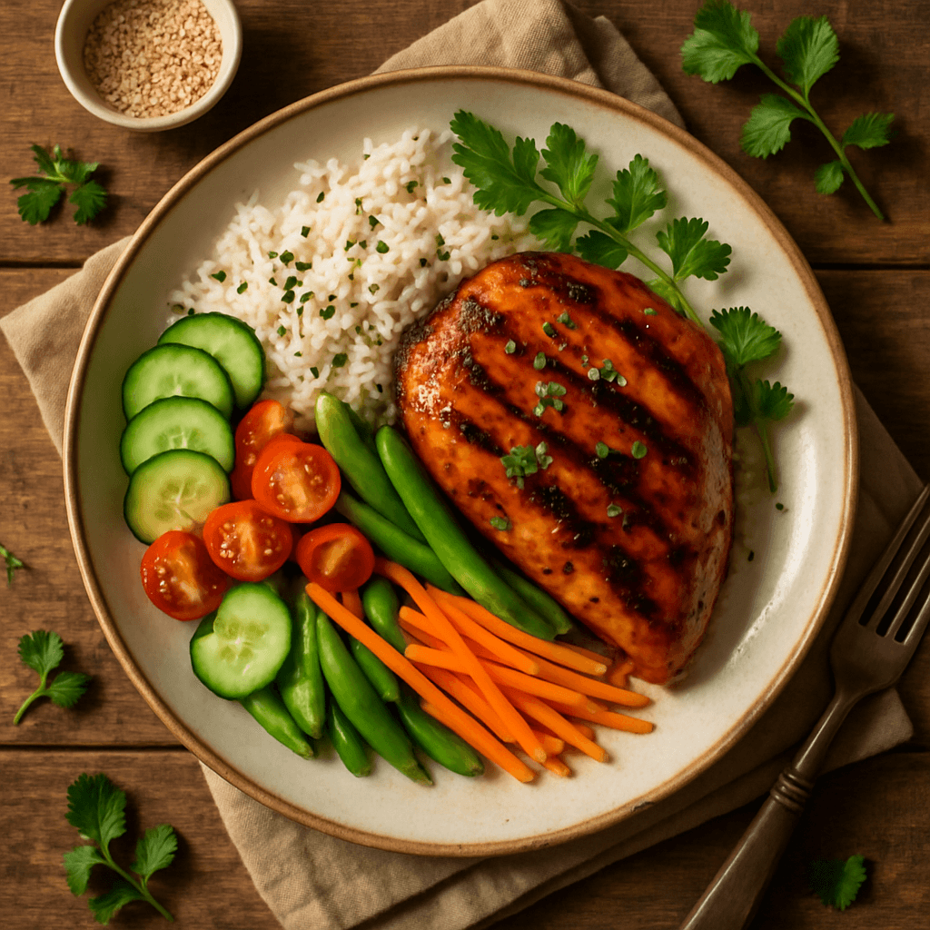 Grillet teriyaki kylling med friske grøntsager og sesamris