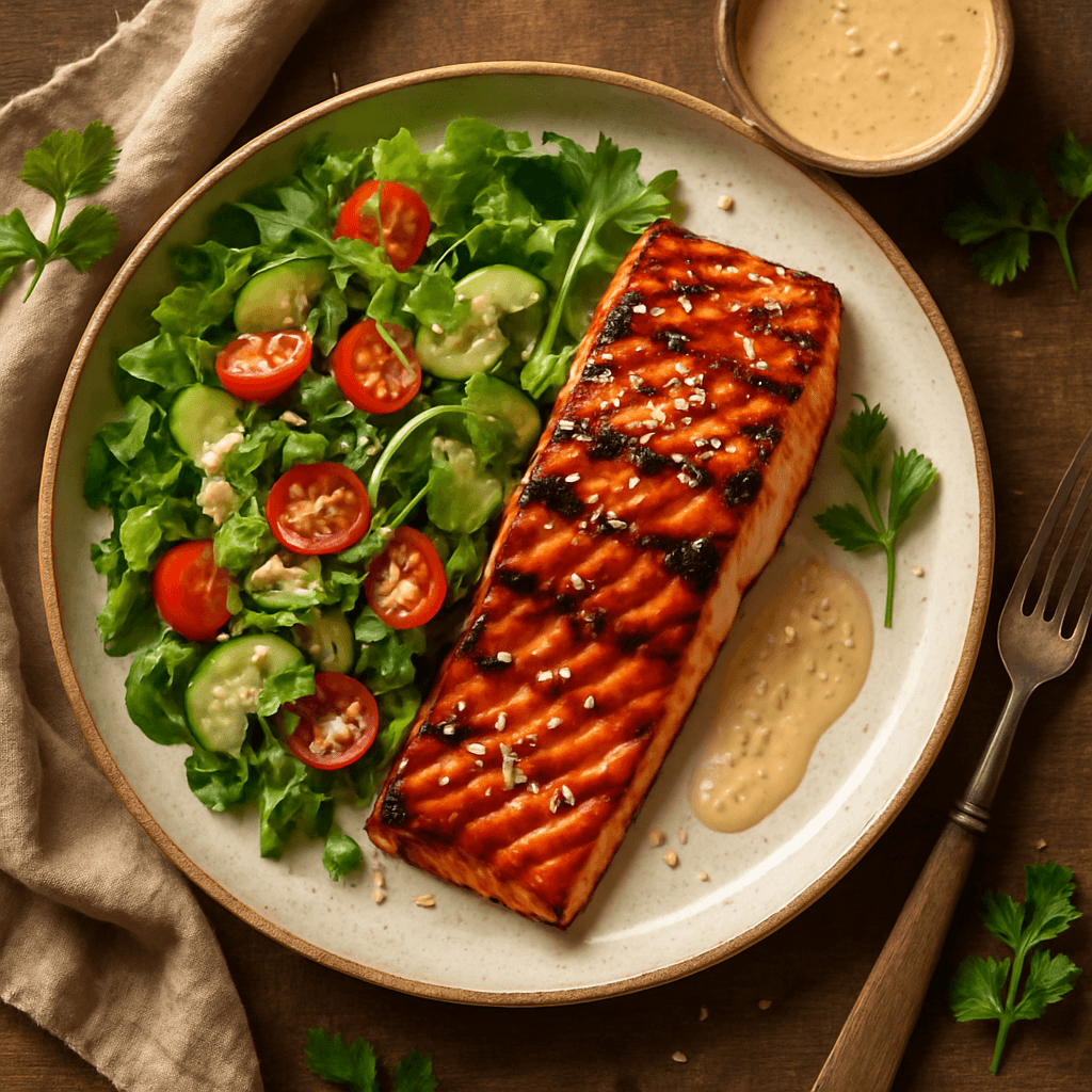 Grillet teriyaki-laks med grøn salat og sesamdressing