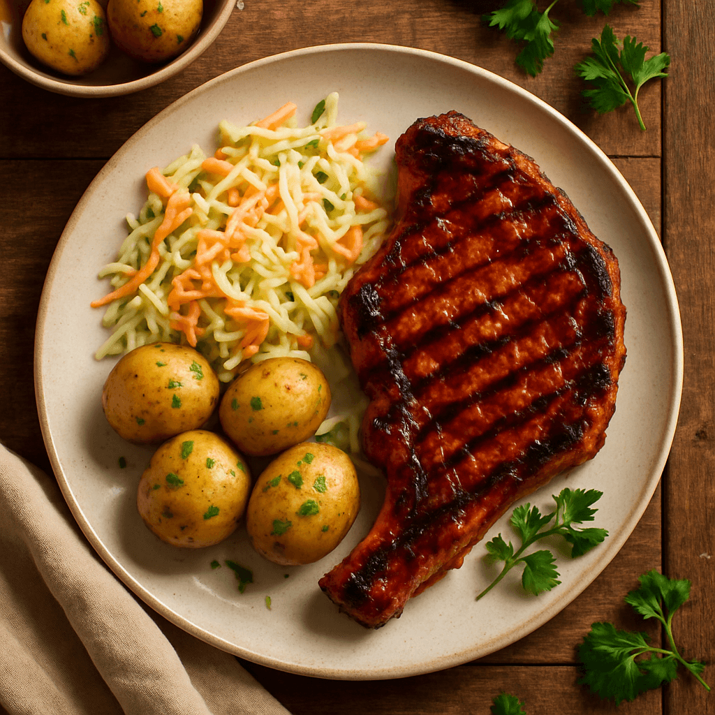 Grillmarineret svinekotelet med coleslaw og nye kartofler