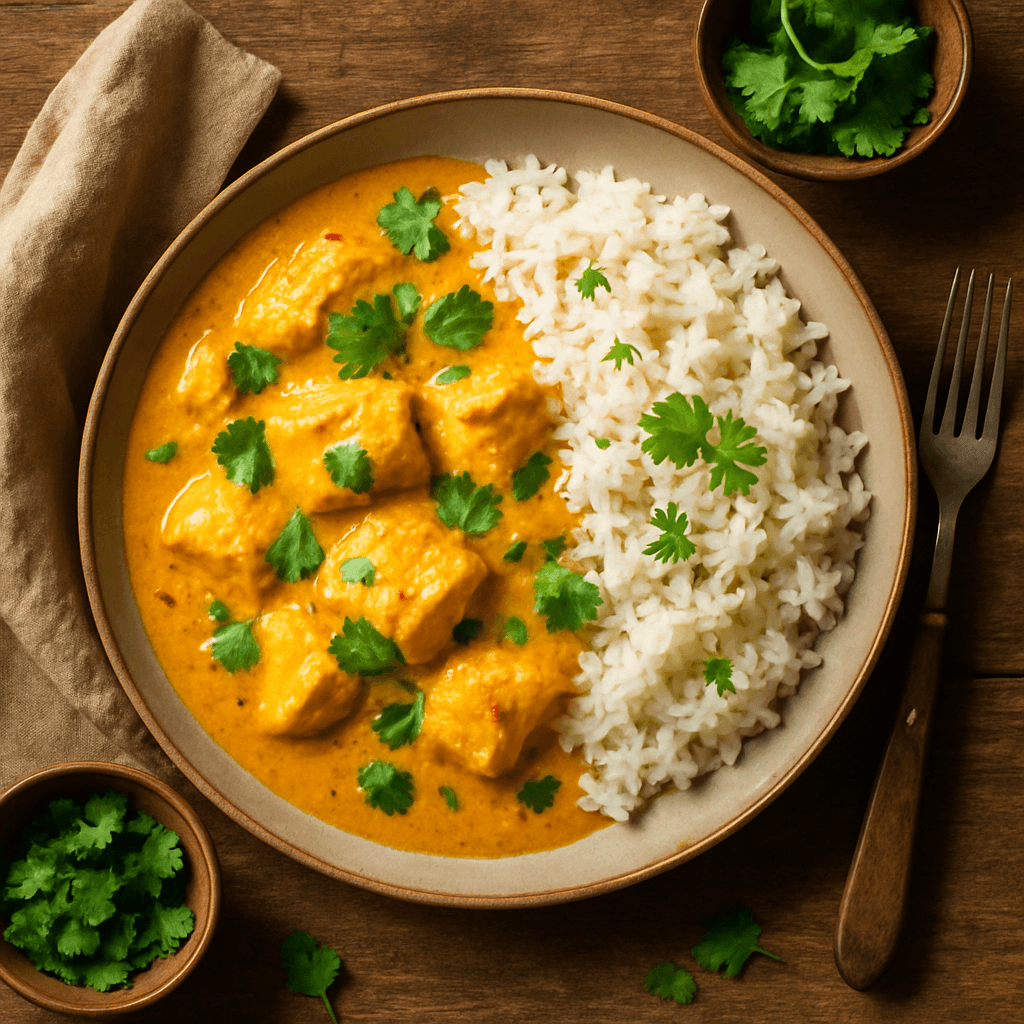 Indisk fiskcurry med kokosmælk og basmatiris