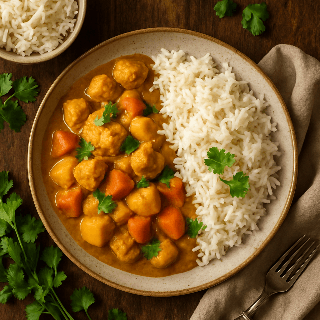 Indisk kyllingekarry med kartoffel- og gulerodscurry samt basmati ris