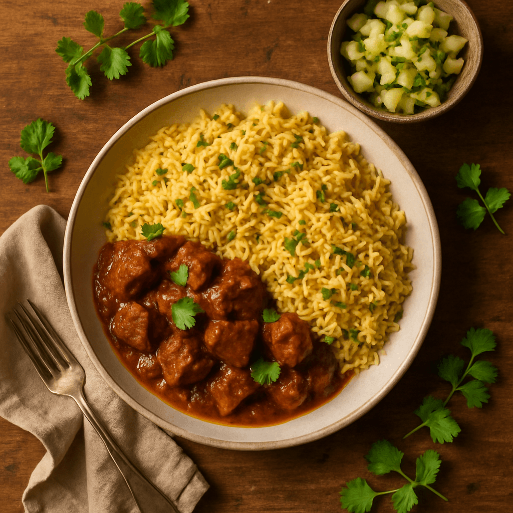 Indisk oksekødsgryde med krydderet ris og æble-mynte chutney