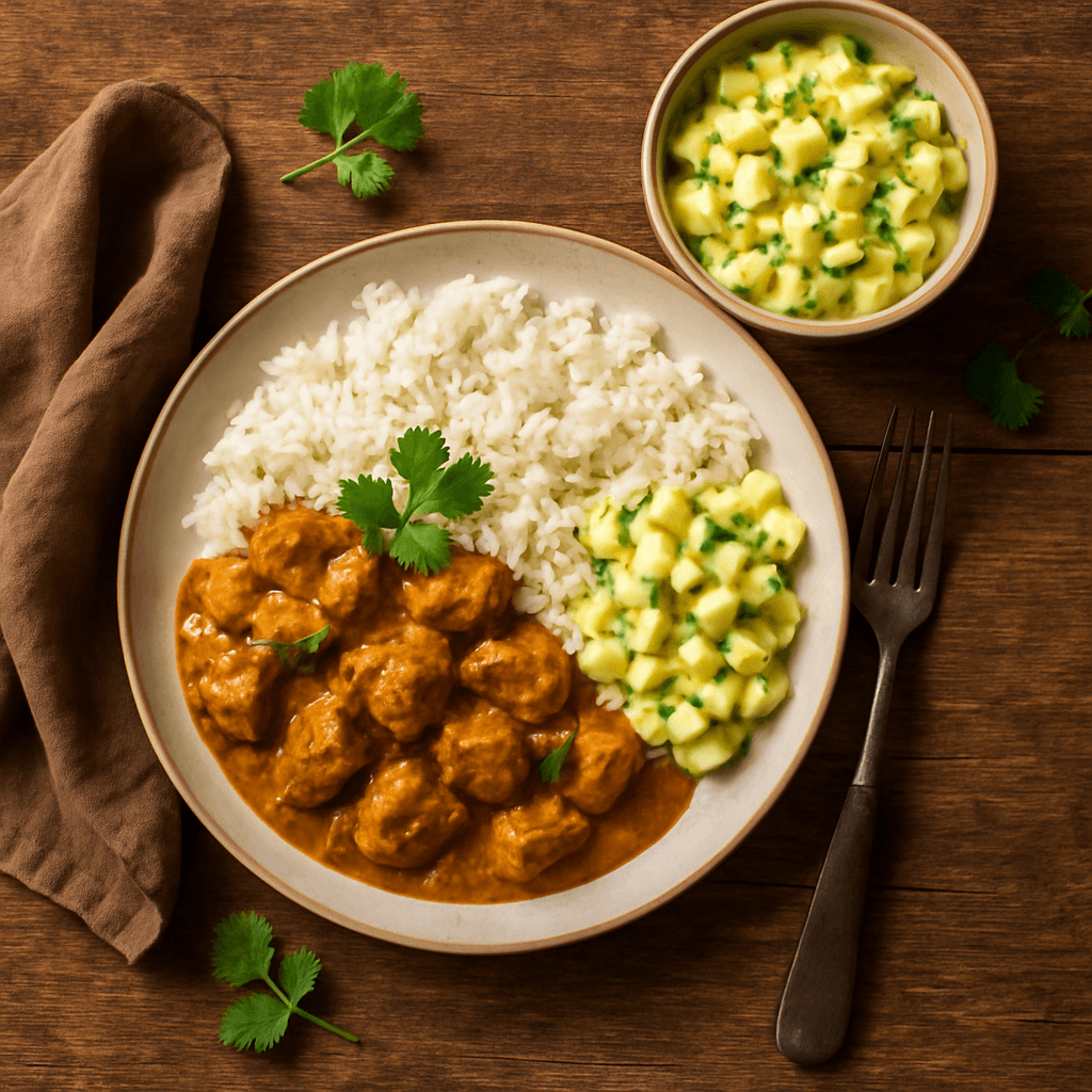 Indisk svinekarry med ris og æble-mangodressing