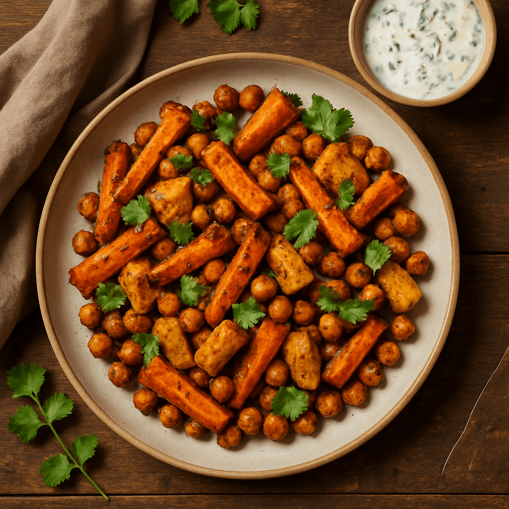 Indiske krydrede rodfrugter med kikærter og æble-yoghurt dressing