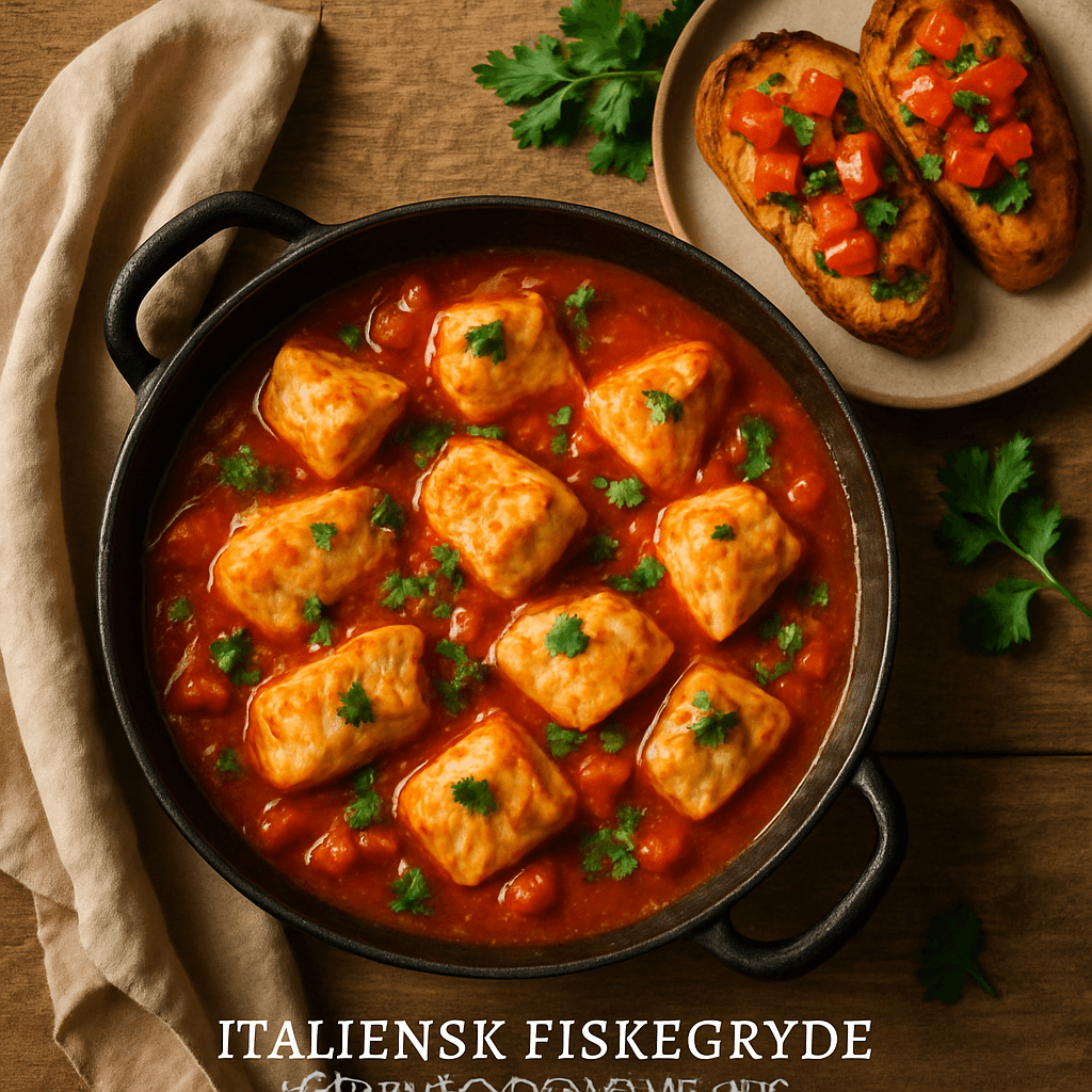 Italiensk fiskegryde med tomat og hvidvin og bruschetta