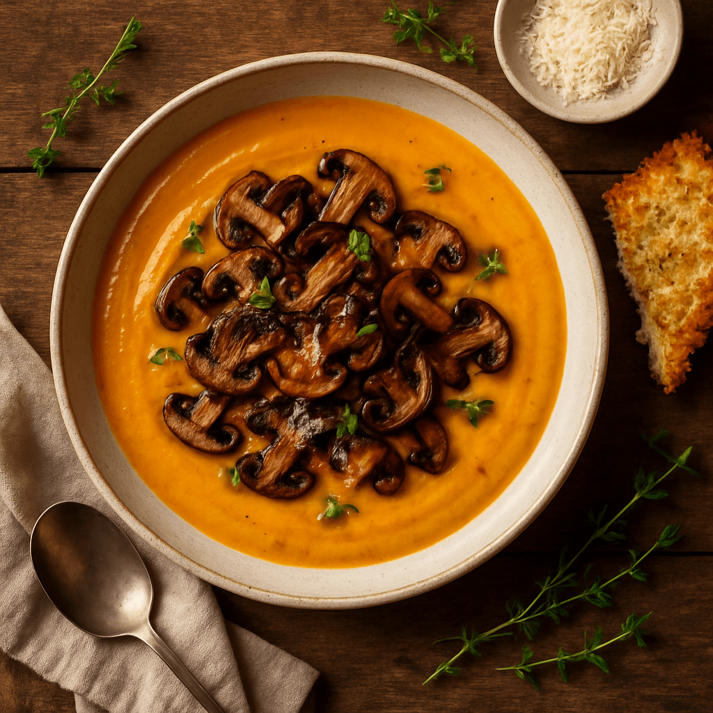 Italiensk græskarsuppe med sprødstegt svampe og parmesanbrød