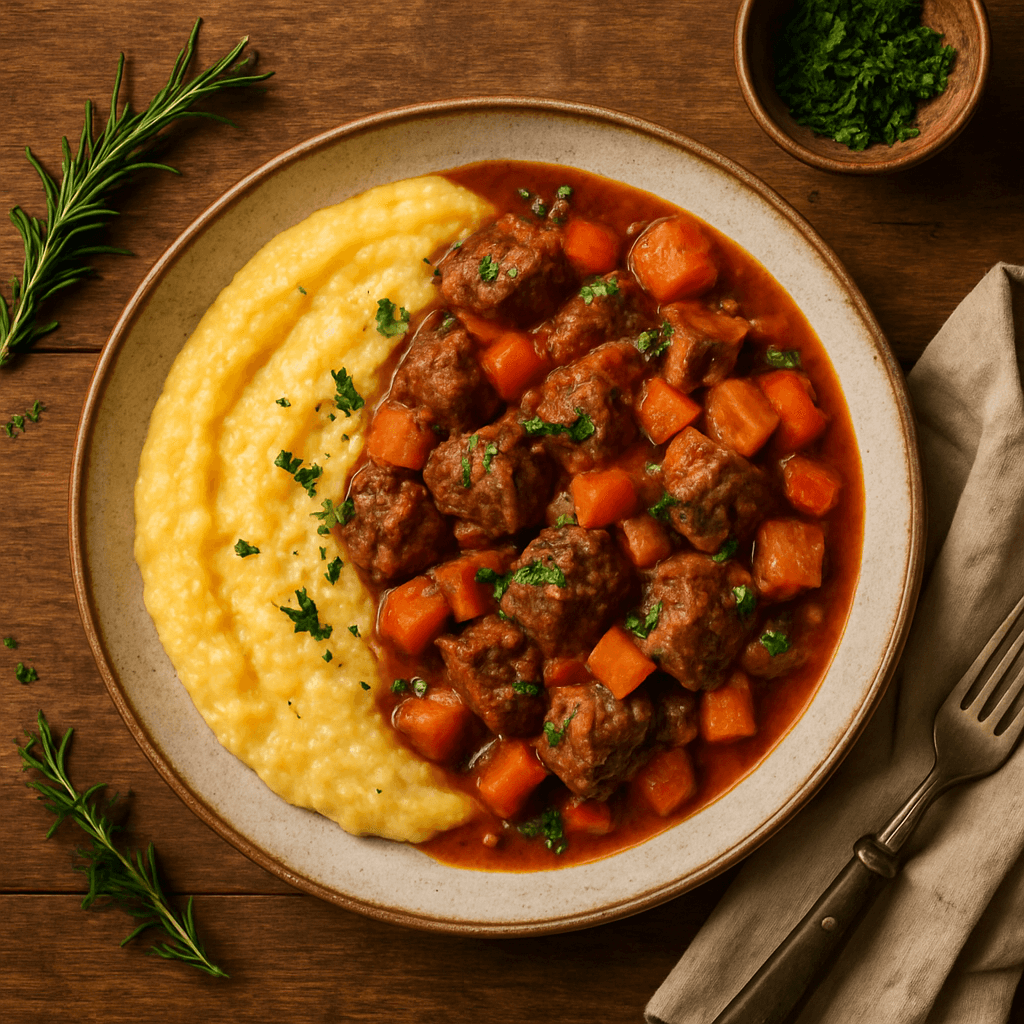 Italiensk lammegryde med rodfrugter og polenta