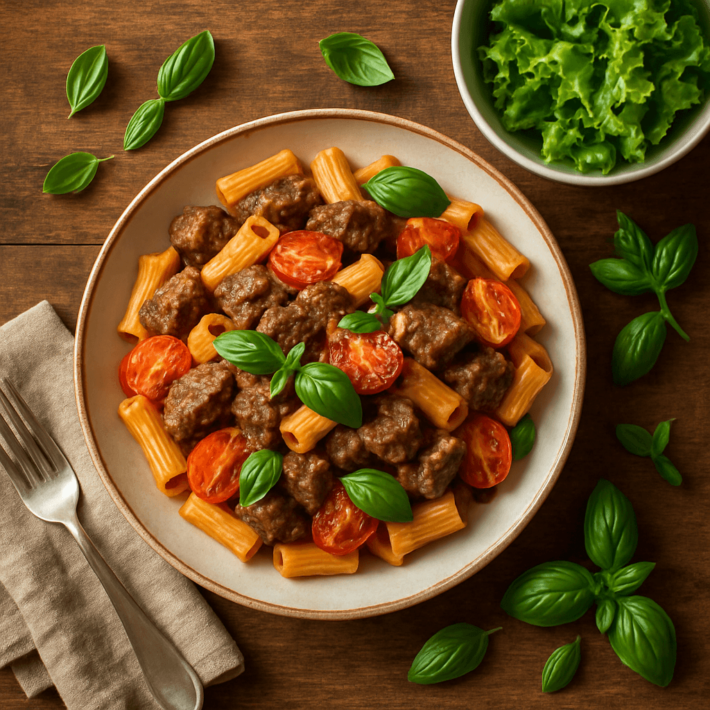 Italiensk oksekødspasta med friske tomater og basilikum