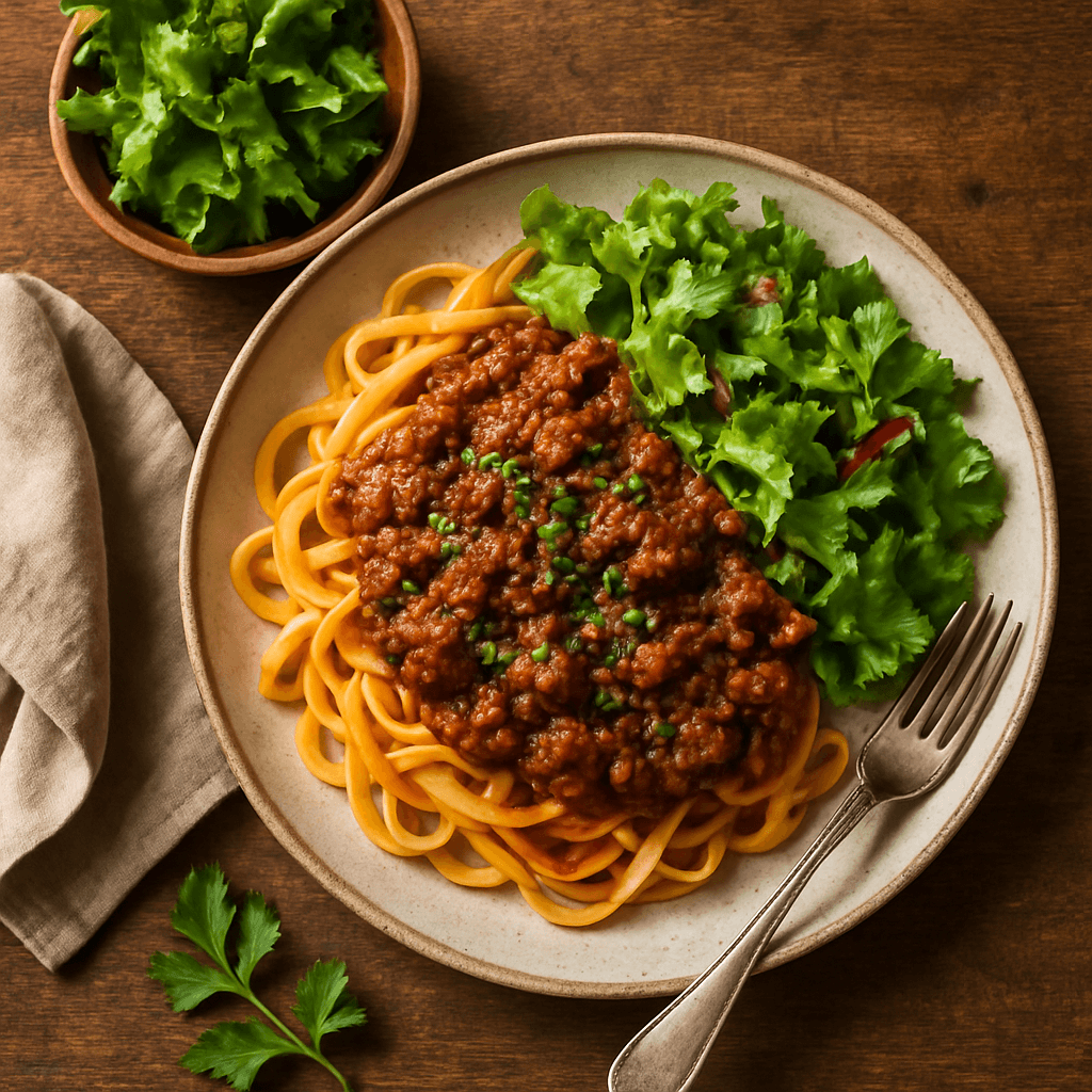 Italiensk oksekødssauce med rodfrugte-pasta og frisk salat