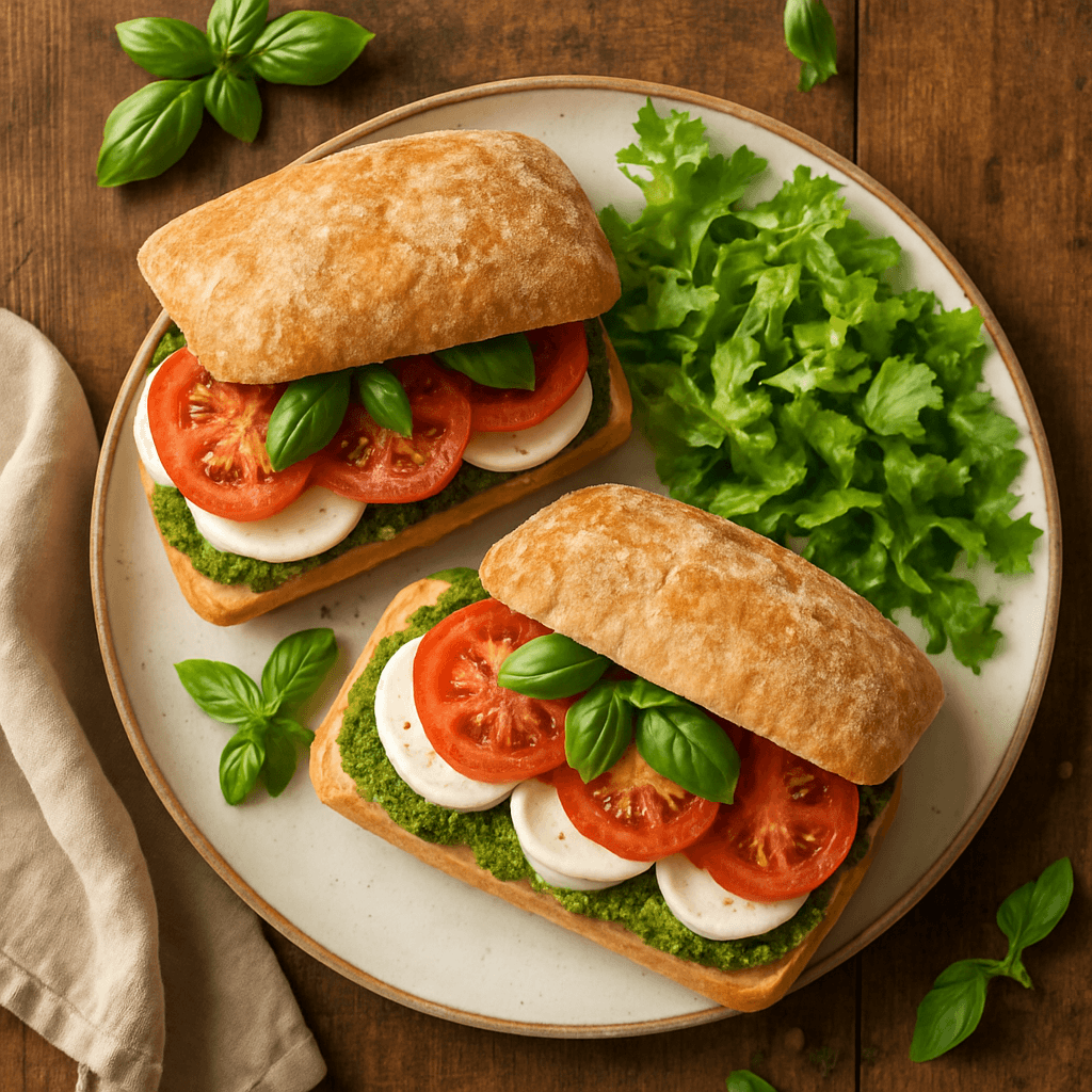 Italienske vegetariske caprese-sandwiches med pesto og sprød salat